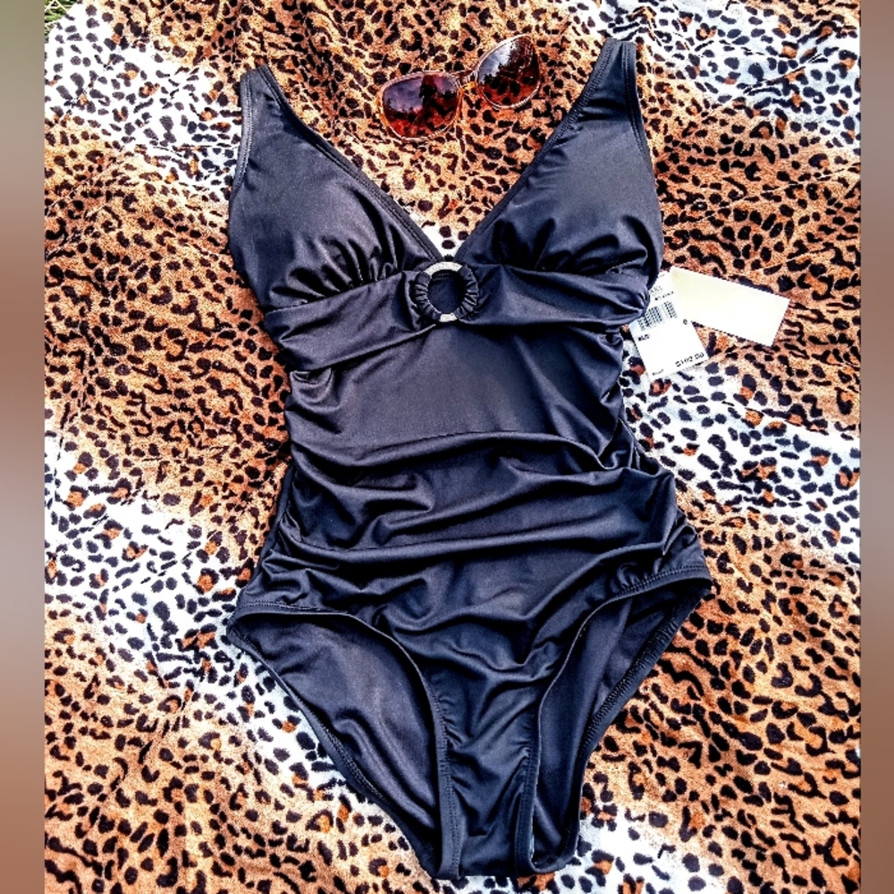 Michael Kors Black One Piece Swimsuit with Ruched Detailing